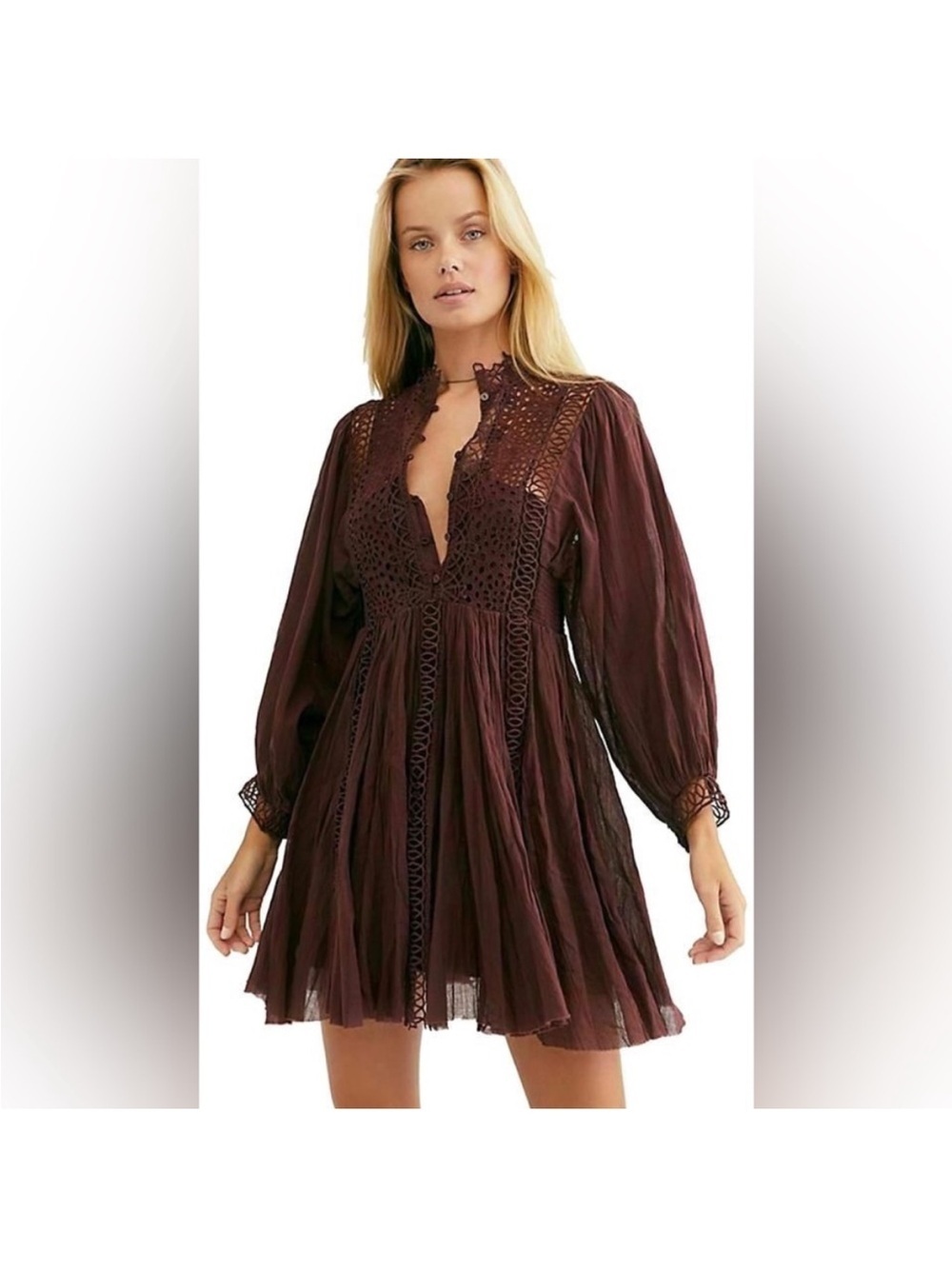 Free People One Karam Lace-Detail Long Sleeve Mini Dress